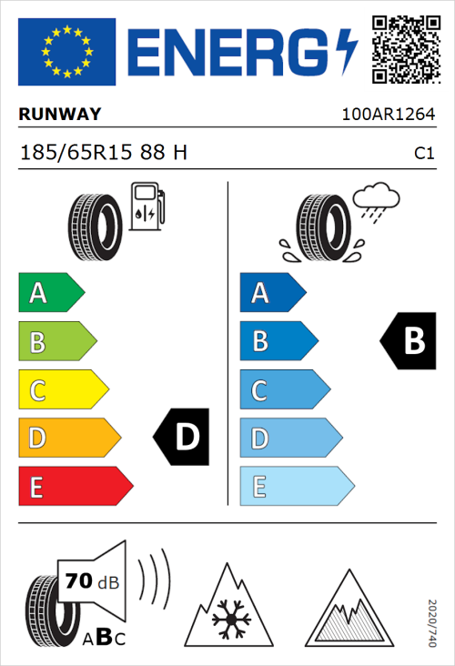 Tyre Label for Runway Enduro 75 All Season Performance 185/65R15 88H